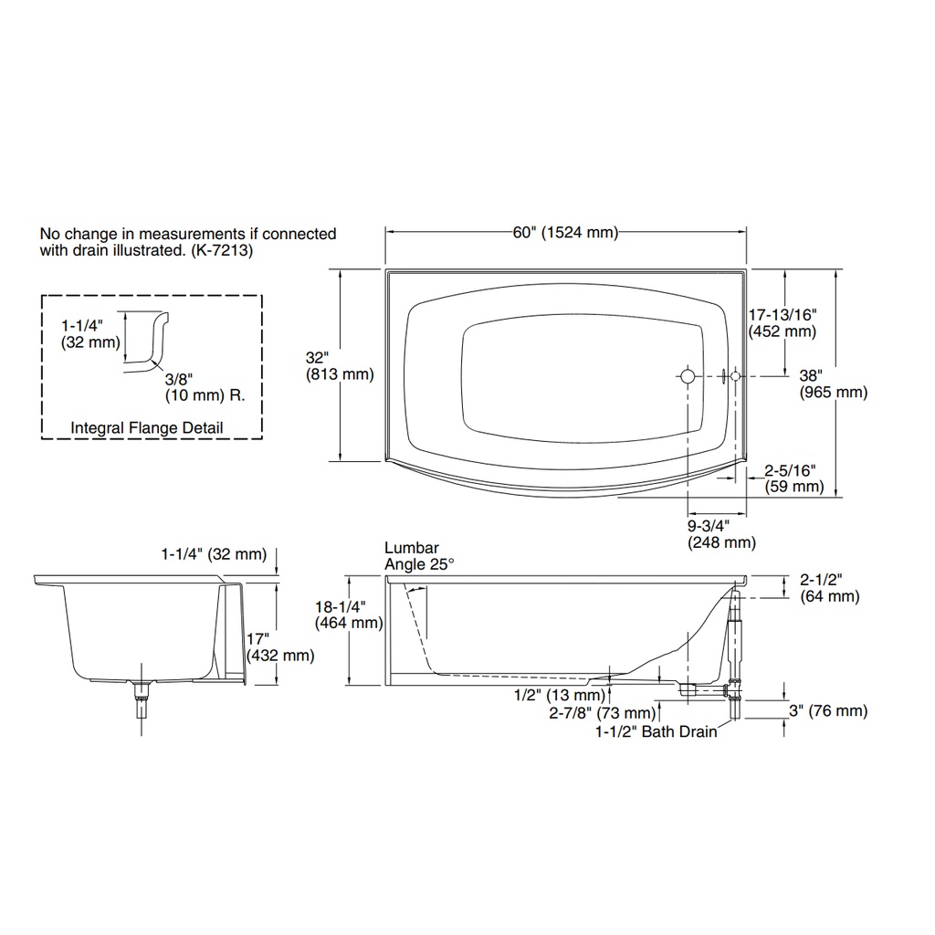 Kohler 1100-RA-0 Expanse Curved Right Drain Apron Bath White