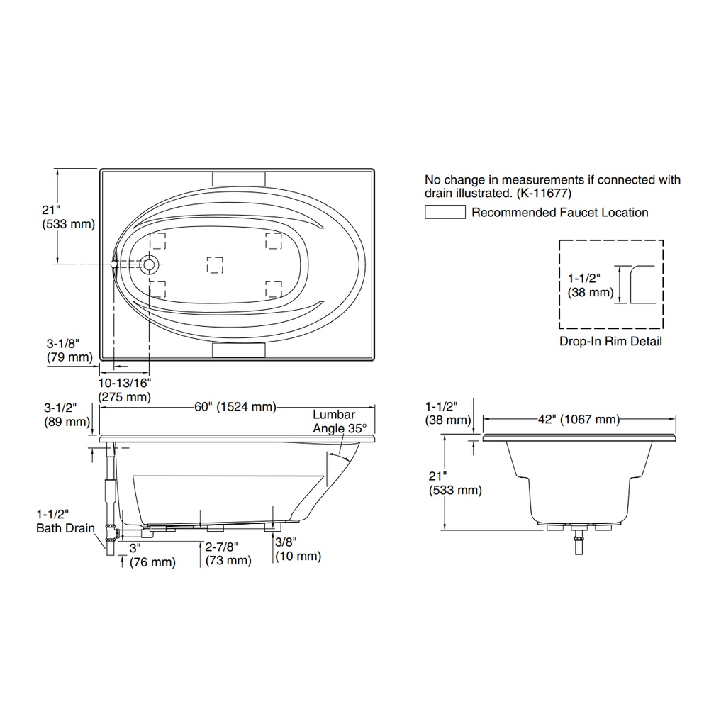 Kohler 1113-0 Windward 60X42 Drop-In Bath