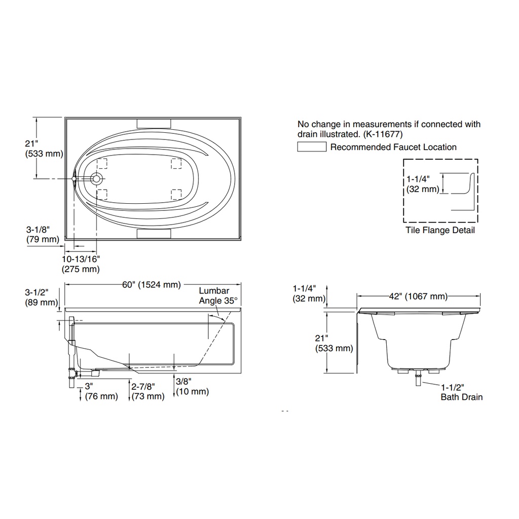 Kohler 1113-LA-0 Windward 60X42 Ia Bath, Lh Drain