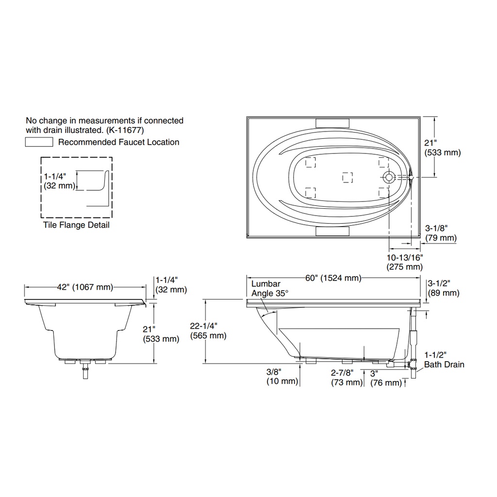 Kohler 1113-R-0 Windward 60X42 Drop-In Bath 3-Flg Rh