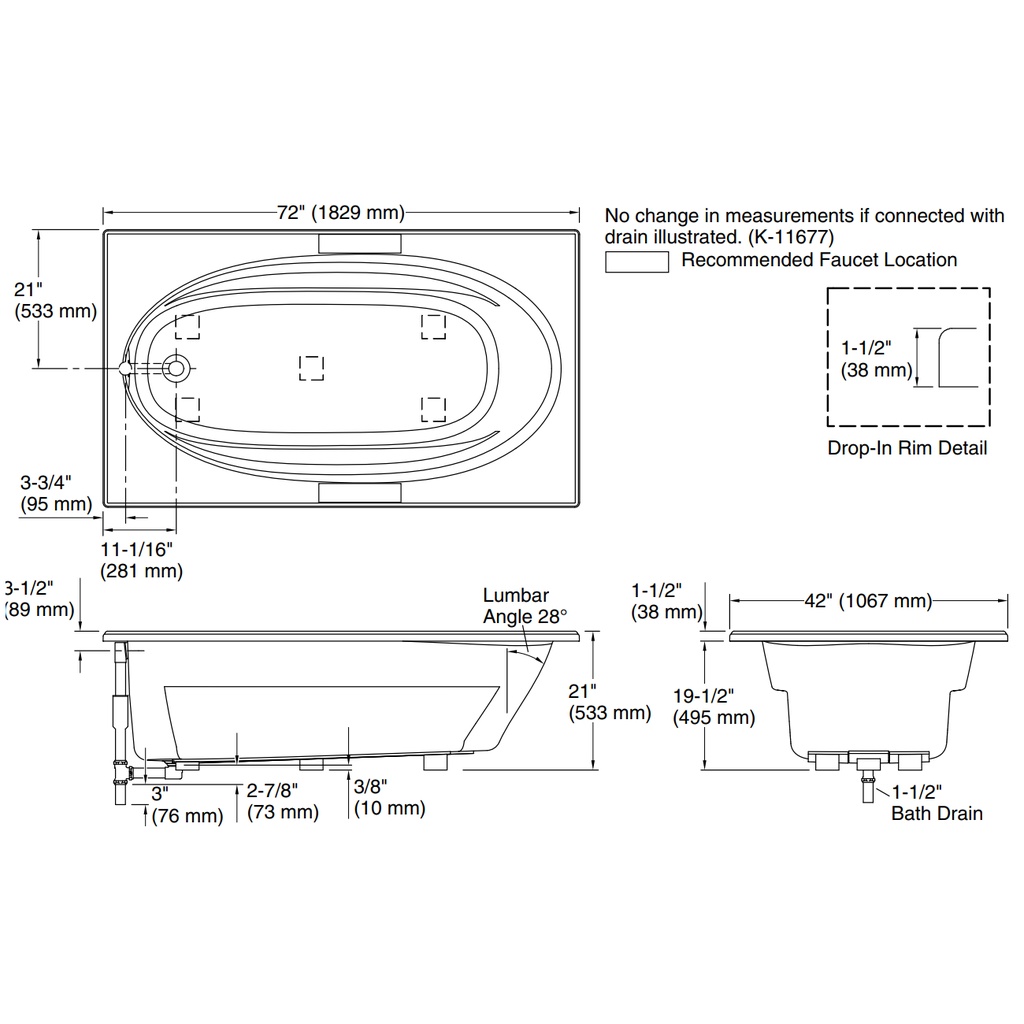Kohler 1115-0 Windward 72X42 Drop-In Bath