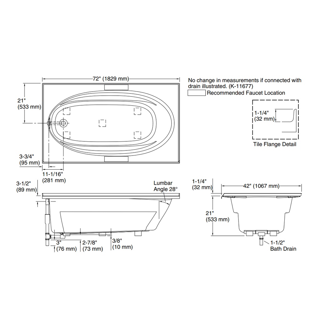Kohler 1115-L-0 Windward 72X42 Drop-In Bath, 3-Flg Lh