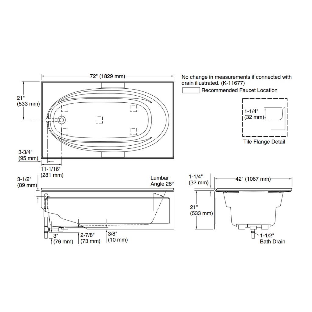 Kohler 1115-LA-0 Windward 72X42 Ia Bath, Lh Drain