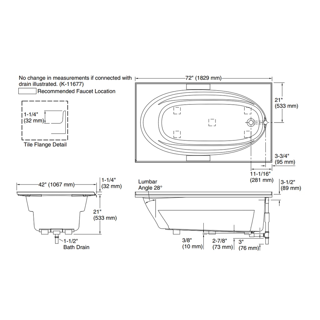 Kohler 1115-R-0 Windward 72X42 Drop-In Bath, 3-Flg Rh