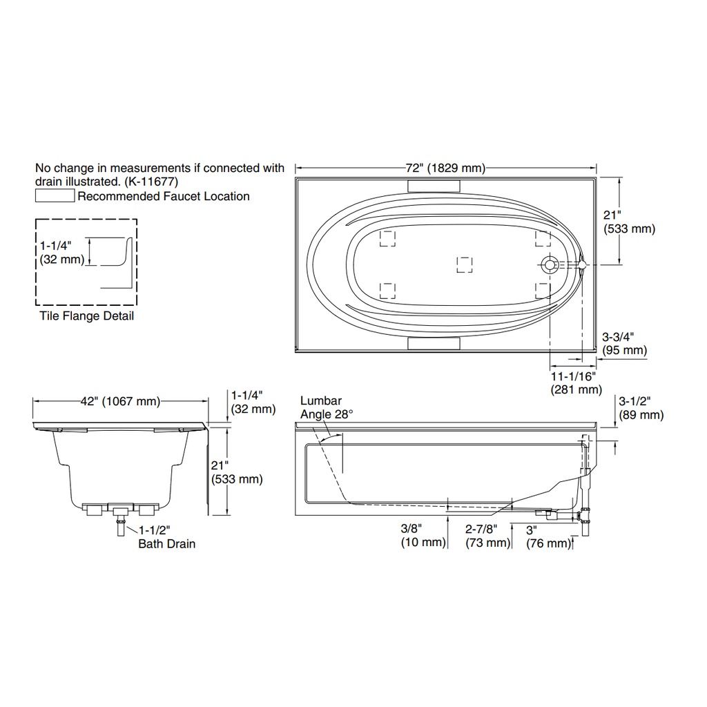 Kohler 1115-RA-0 Windward 72X42 Ia Bath, Rh Drain
