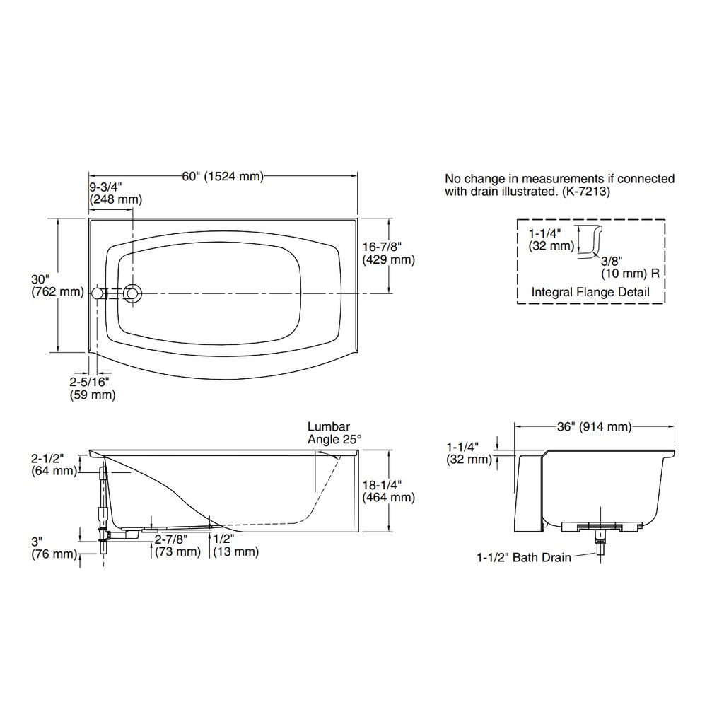 Kohler 1118-LA-0 Expanse Curved Apron Bath Lh