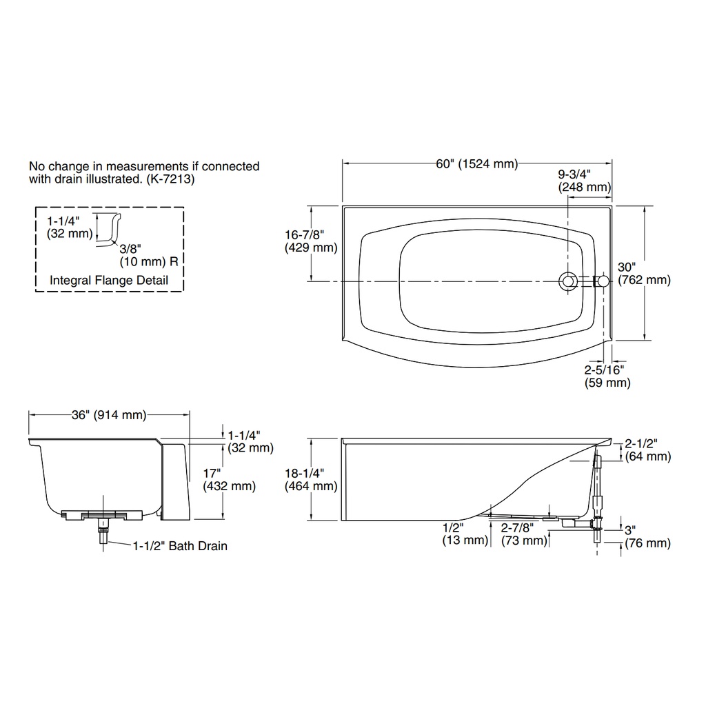 Kohler 1118-RA-0 Expanse Curved Apron Bath Rh