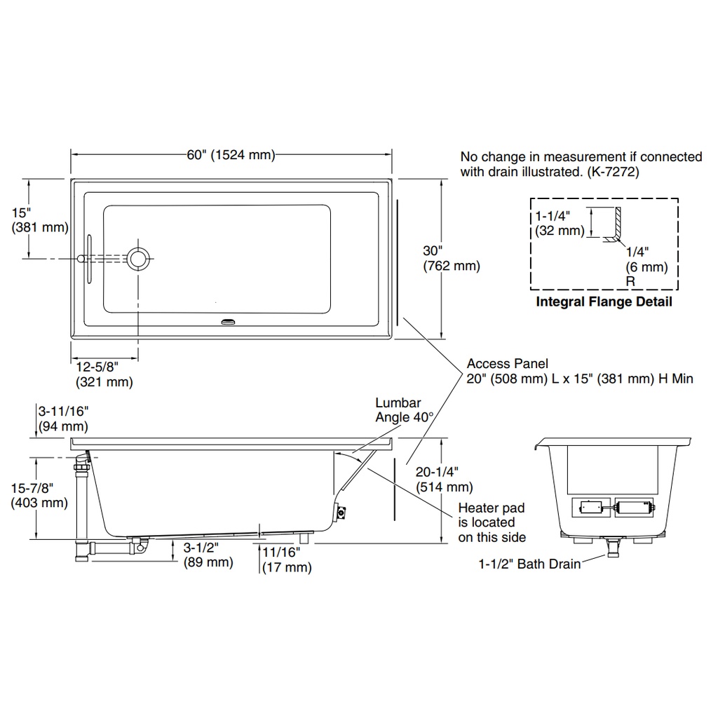Kohler 1121-LW-7 Underscore Bask Lh 3-Flg 60X30 Bath