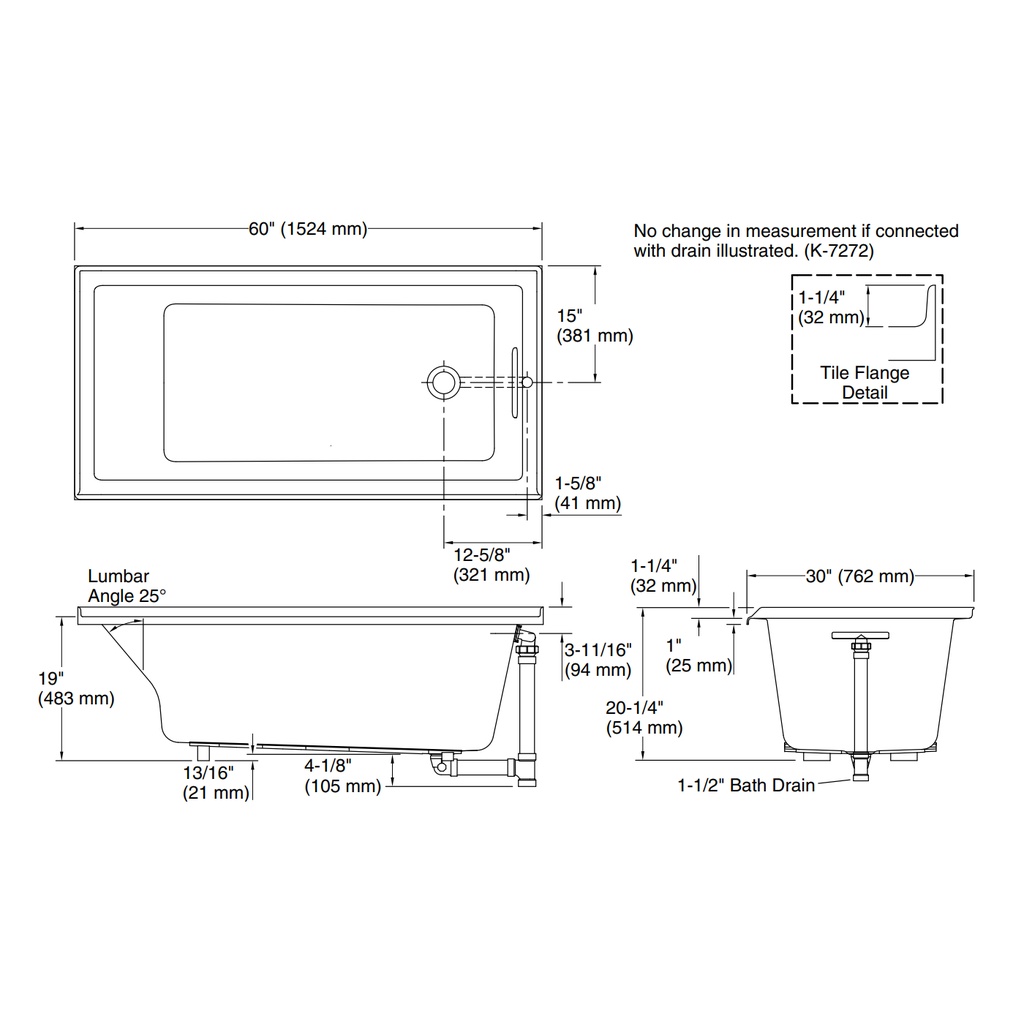 Kohler 1121-R-96 Underscore Bath 60X30X19 Rh-Flange