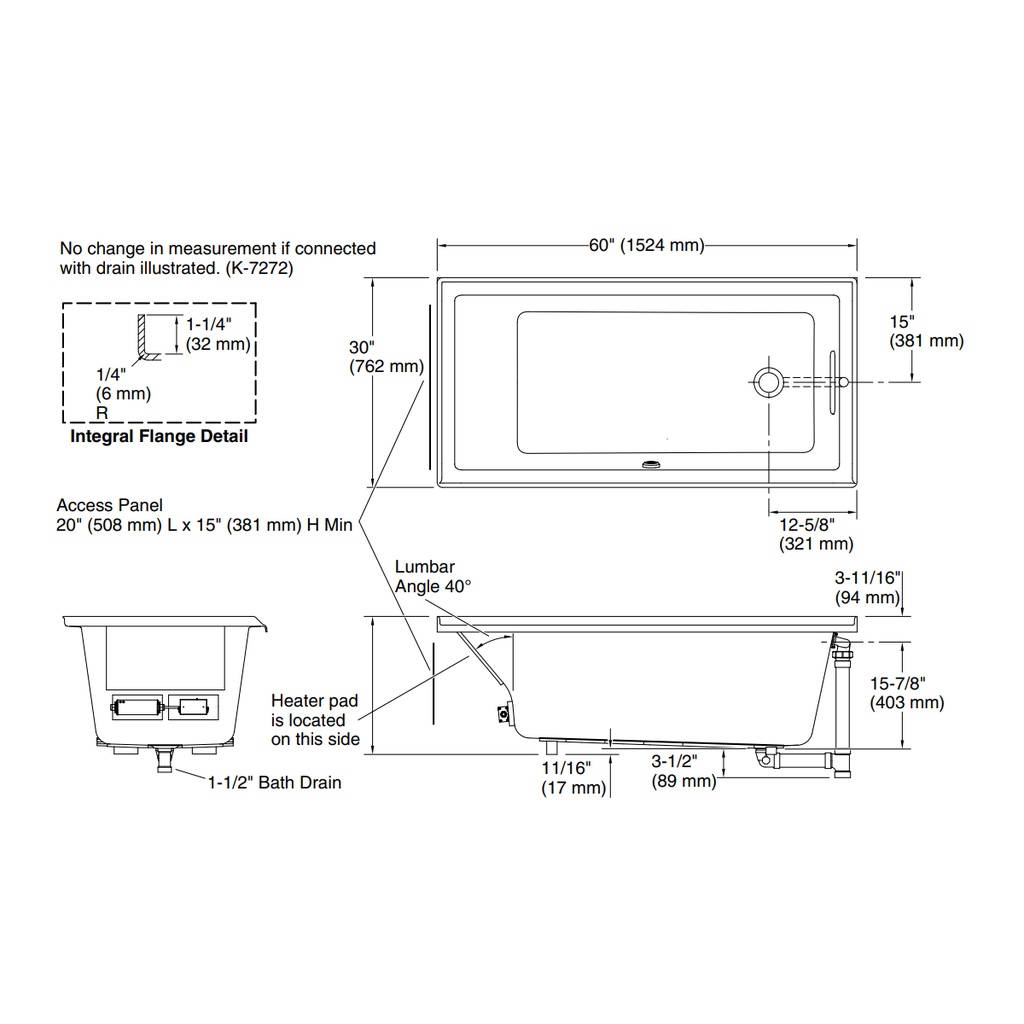Kohler 1121-RW-0 Underscore Bask Rh 3-Flg 60X30 Bath