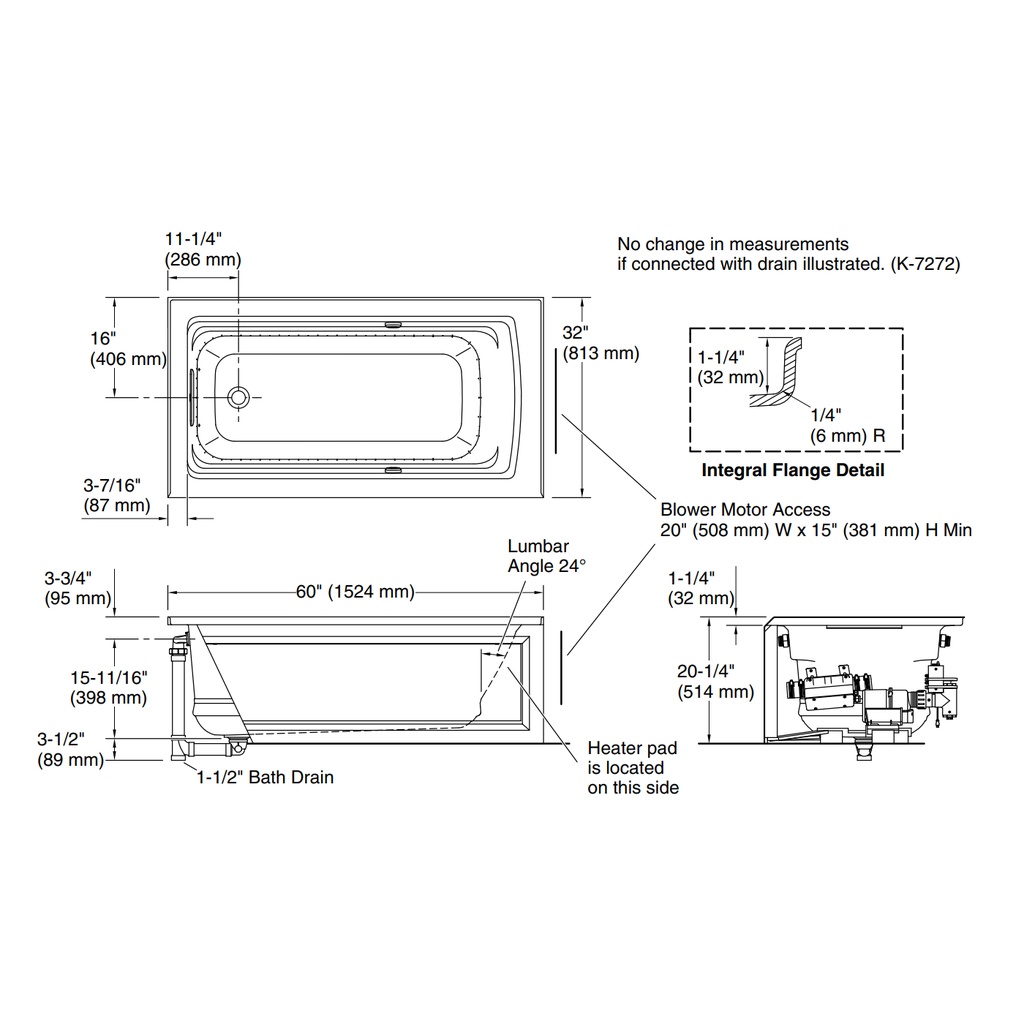 Kohler 1122-GHLAW-96 Archer Heated Bbm Bask 5' Ia Bath