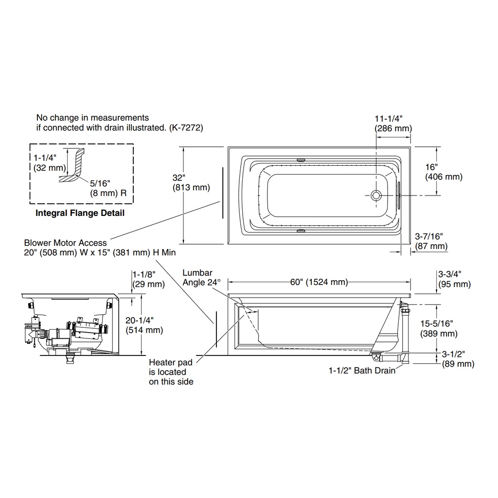 Kohler 1122-GHRAW-95 Archer Heated Bbm Bask 5' Ia Bath