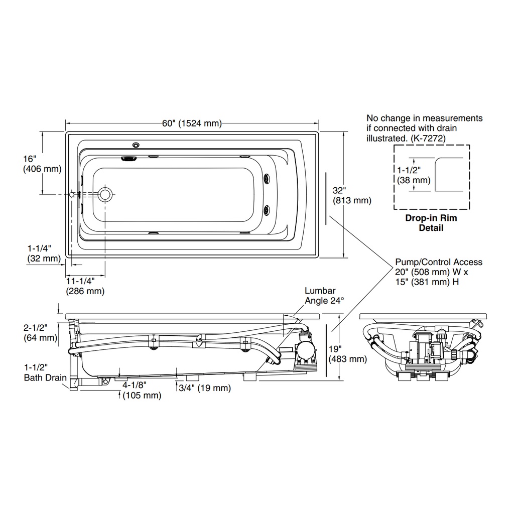 Kohler 1122-H-96 Archer Drop-In Fj Whirlpool, 5' Heat