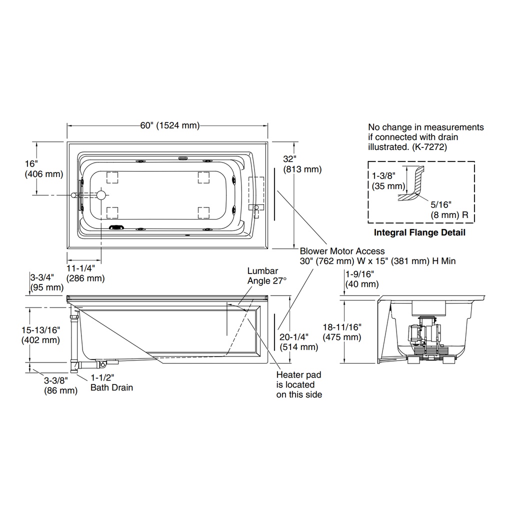 Kohler 1122-LAW-0 Archerbask Ia Fj Whirlpool,5' Lh Drain