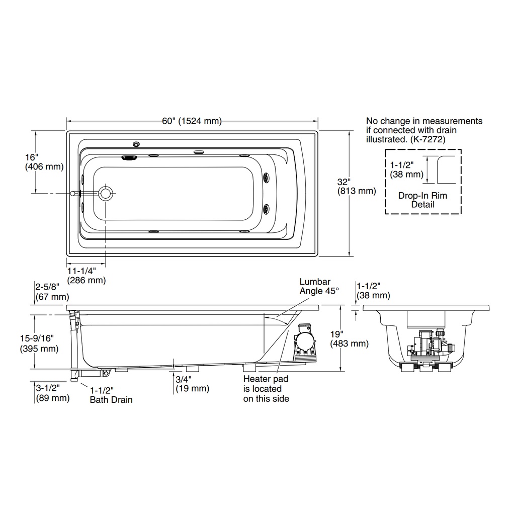 Kohler 1122-W1-7 Archer Bask Drop-In Fj Whirlpool, 5'