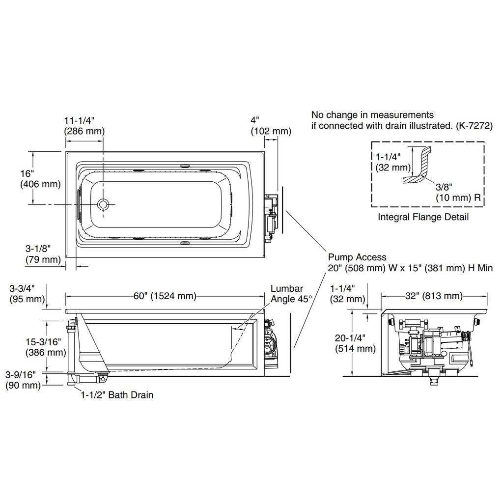 Kohler 1122-XGHLA-96 Archer Heated Bbm 60X32 Wp, Lh Ia