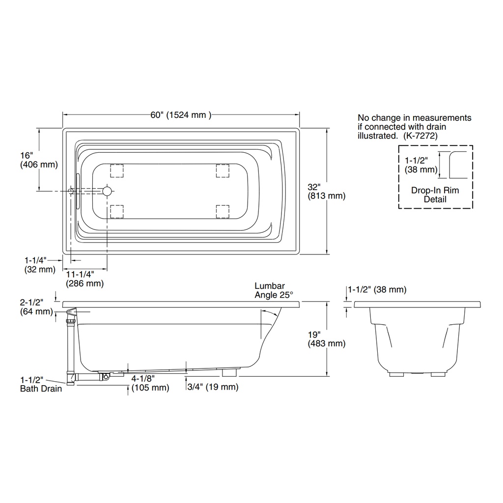 Kohler 1123-0 Archer Drop-In Bath, 5'