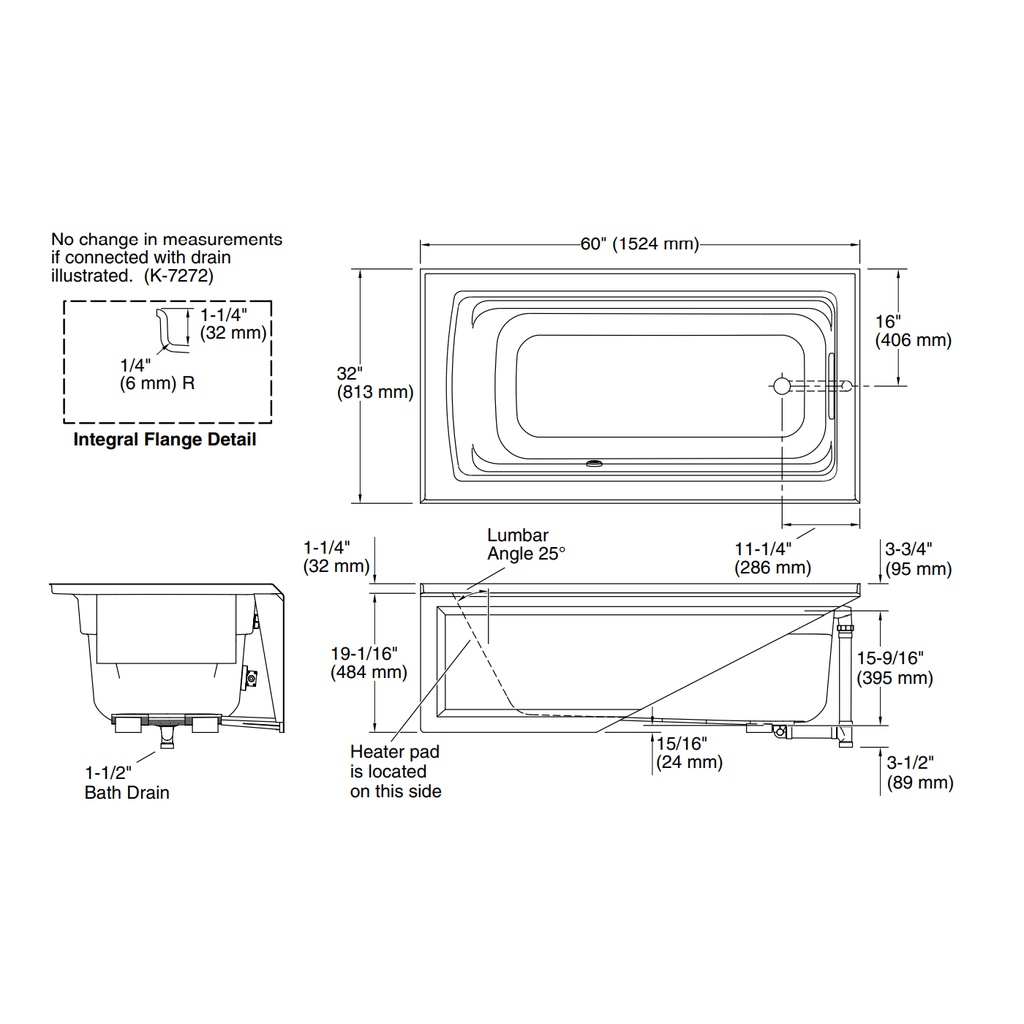 Kohler 1123-RAW-7 Archer Bask Ia Bath, 5' Rh Drain