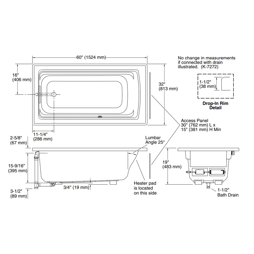 Kohler 1123-W1-7 Archer Bask Drop-In Bath, 5'