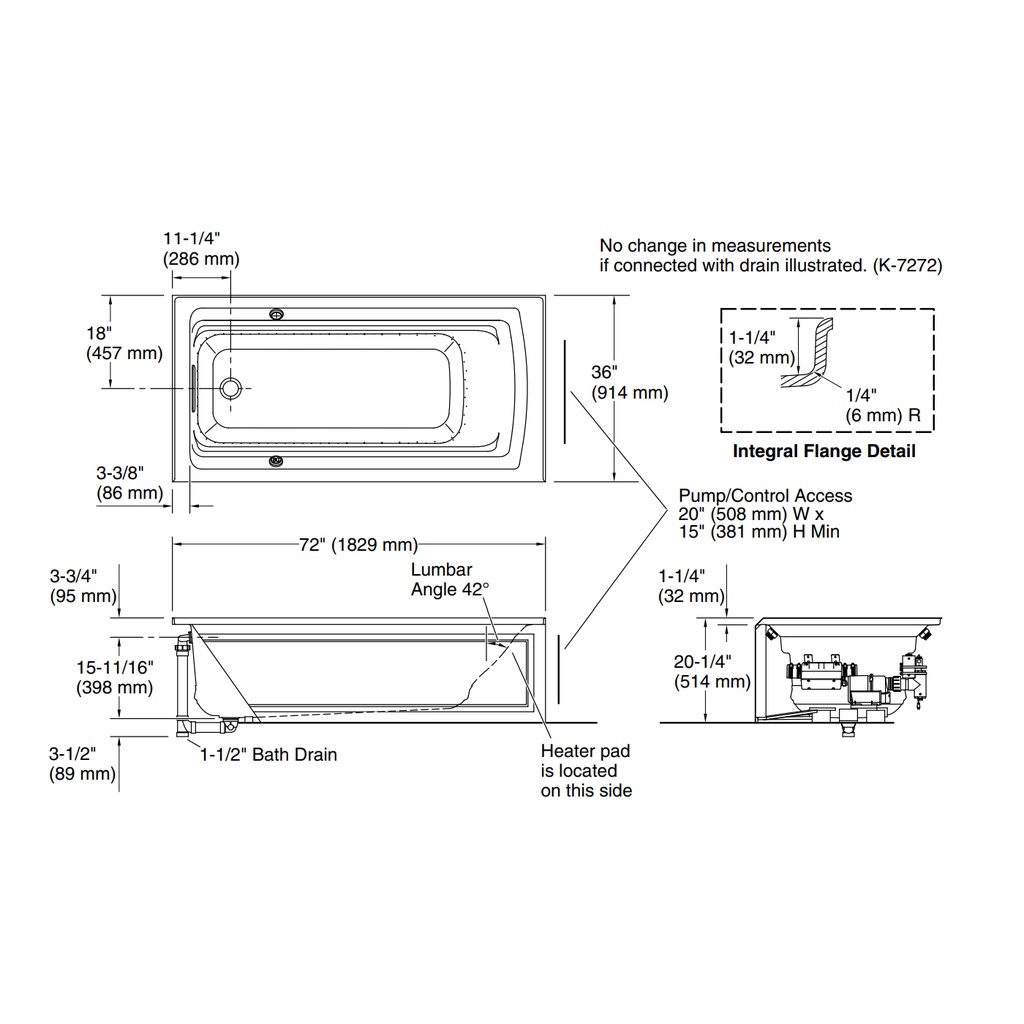 Kohler 1124-GHLAW-7 Archer Heated Bbm Bask 6' Bath