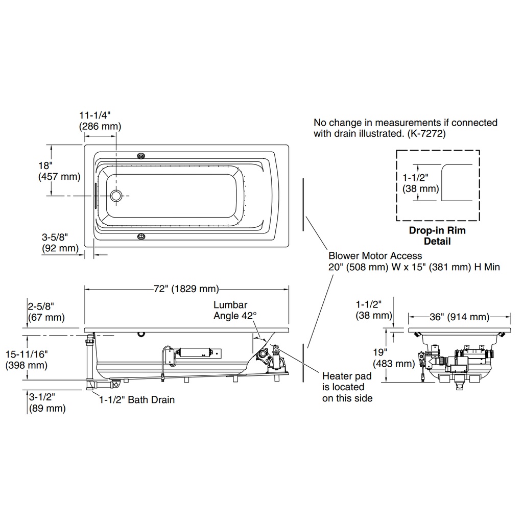 Kohler 1124-GHW-0 Archer Heated Bbm Bask 6' Bath