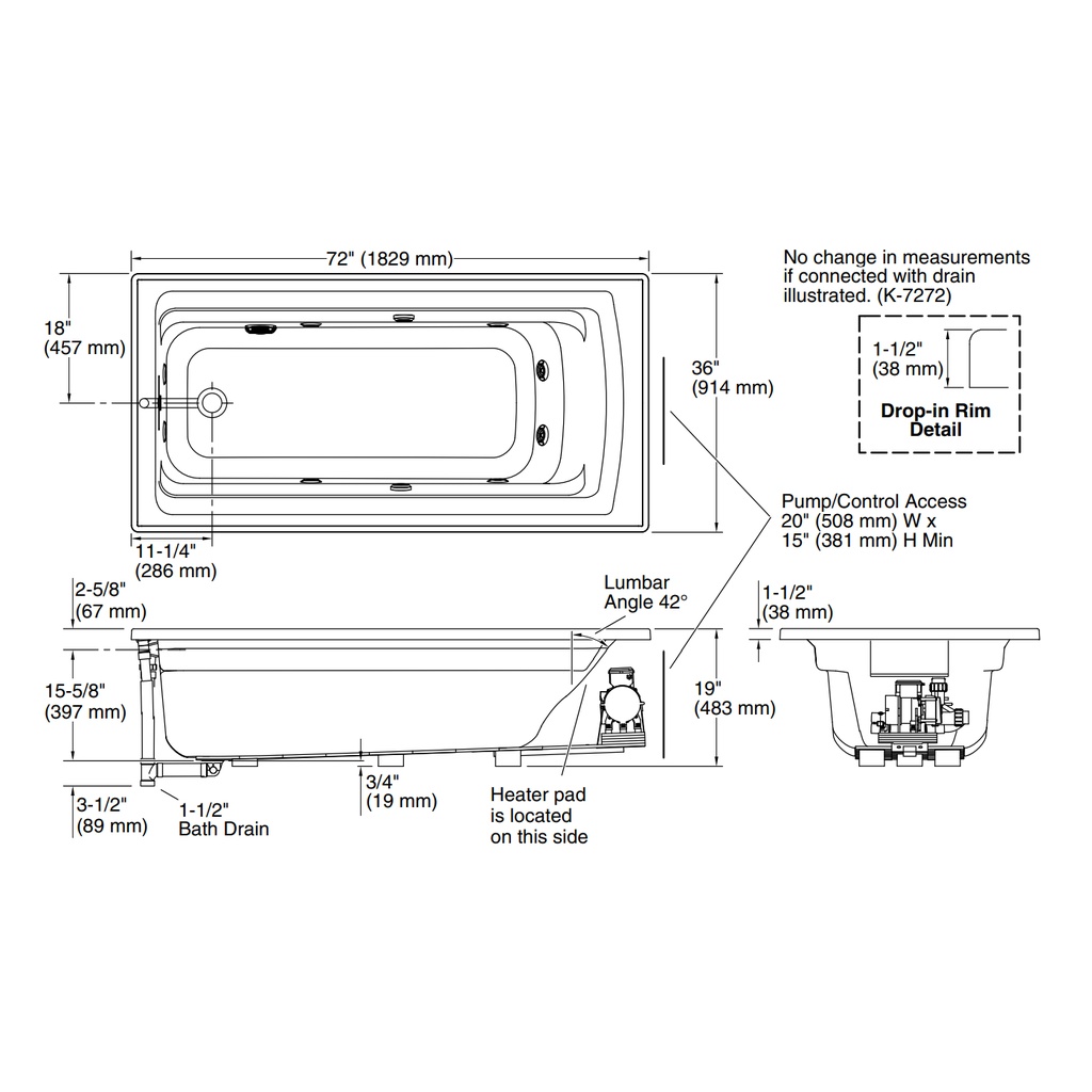 Kohler 1124-W1-96 Archer Bask Drop-In Fj Whirlpool, 6'