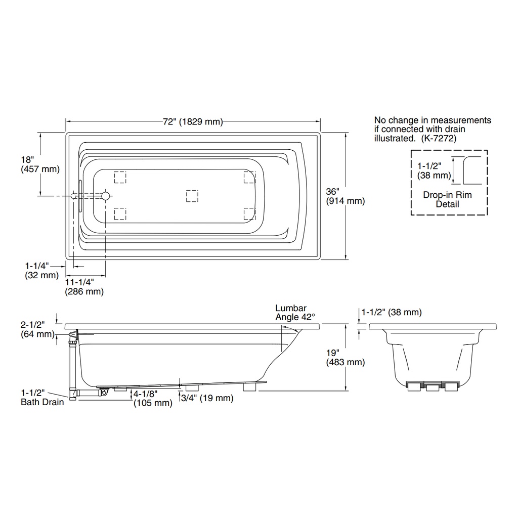 Kohler 1125-0 Archer Drop-In Bath, 6'