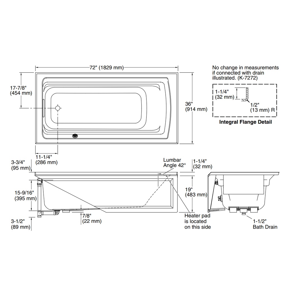 Kohler 1125-LAW-7 Archer Bask Ia Bath, 6', Lh Apron