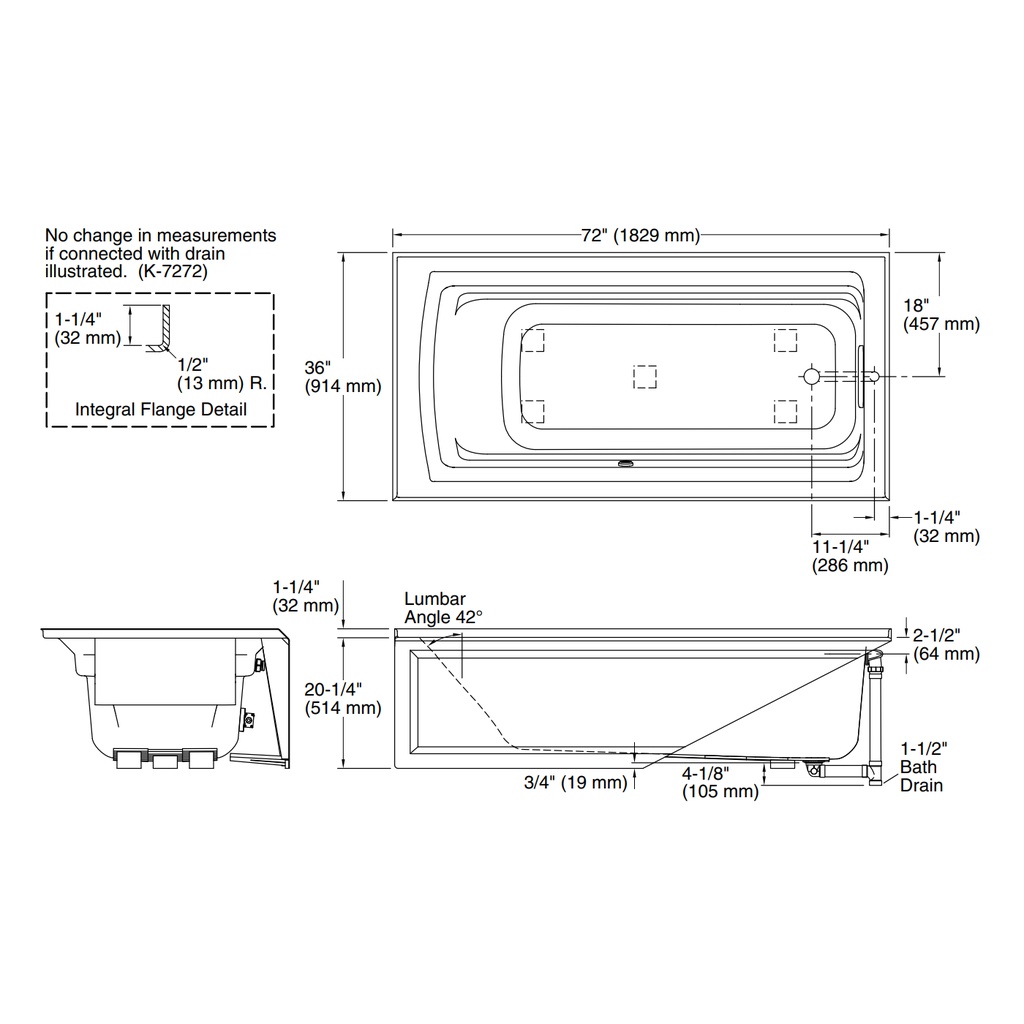 Kohler 1125-RAW-0 Archer Bask Ia Bath, 6', Rh Apron