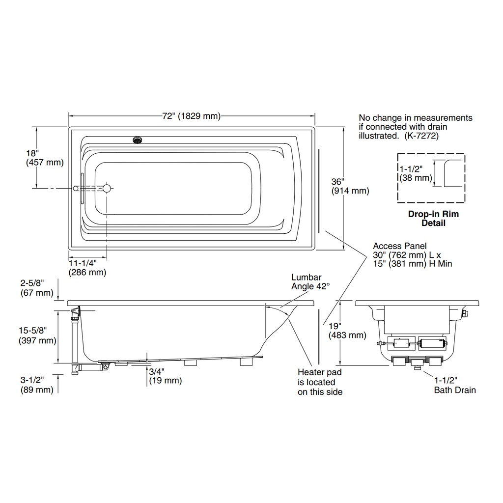 Kohler 1125-W1-0 Archer Bask Drop-In Bath, 6'3922.10