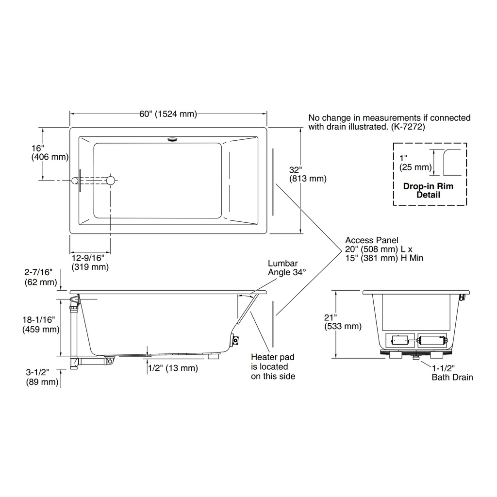 Kohler 1130-W1-0 Underscore Bask Di 60X32 Bath