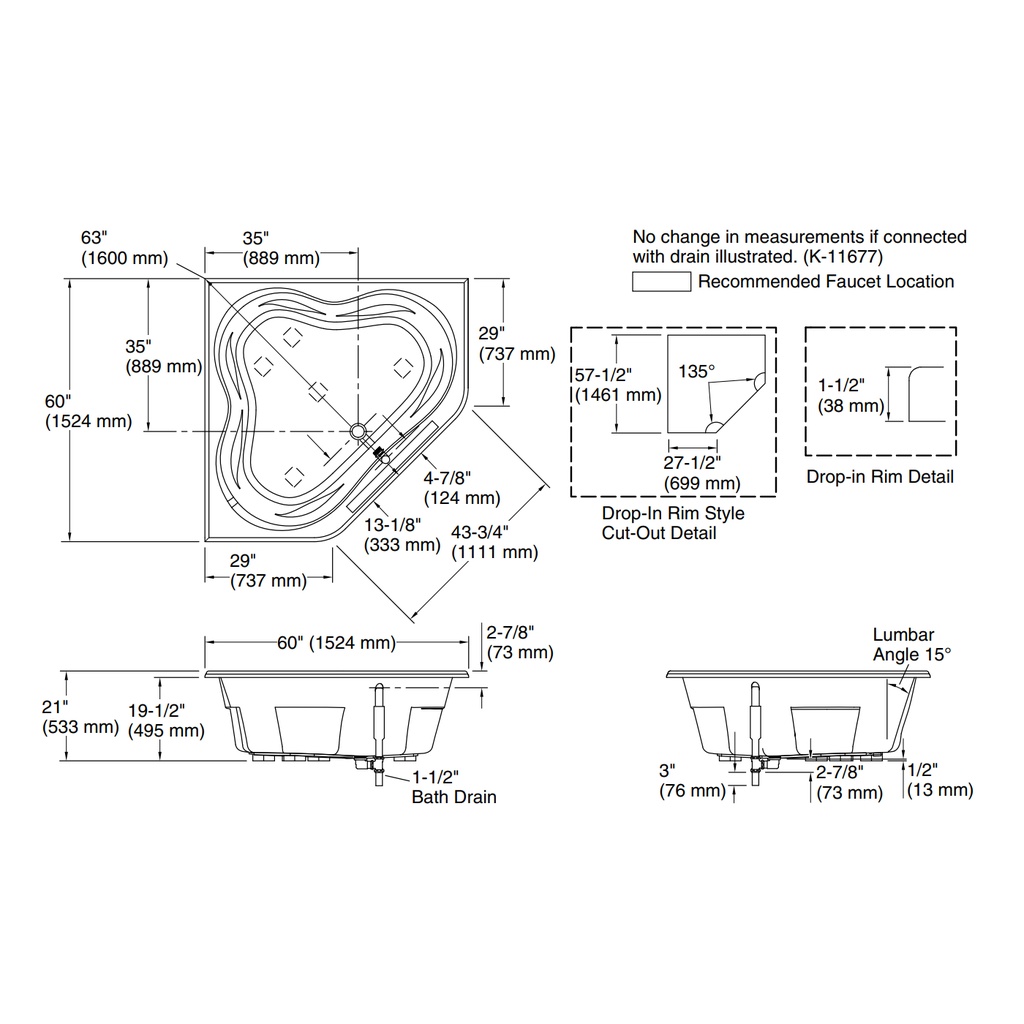 Kohler 1161-0 Tercet 60X60 Bath, Drop-In