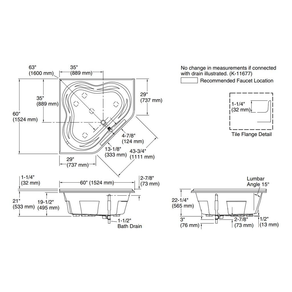 Kohler 1161-F-0 Tercet 60X60 Bath With Flange, Drop-In
