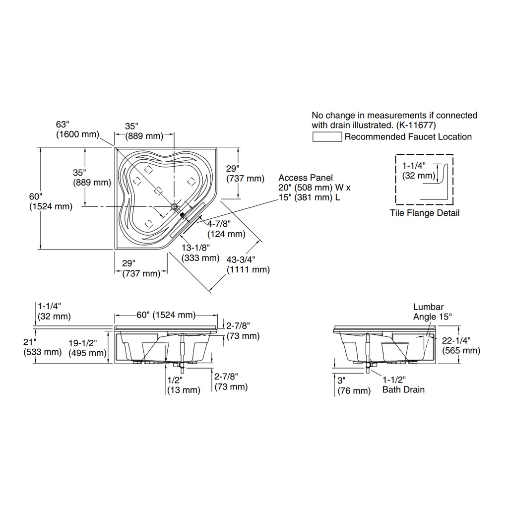 Kohler 1161-LA-0 Tercet 60X60 Bath, Integral Apron