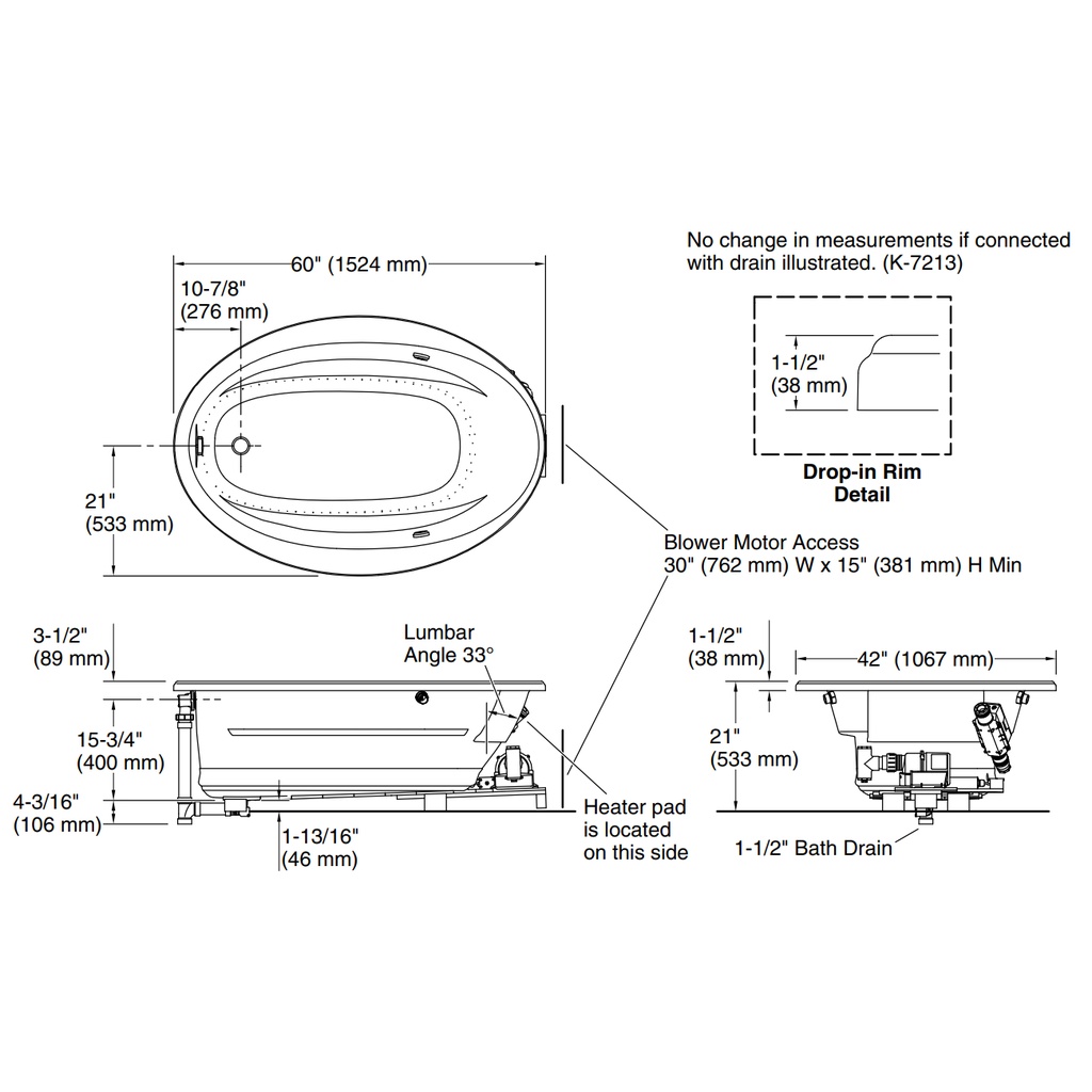 Kohler 1162-GHW-0 Sunward Heated Bbm Bask Bath, 5'