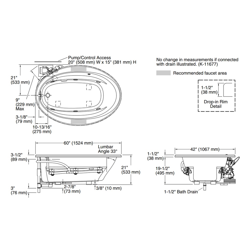 Kohler 1162-HB-96 Sunward 60X42 Oval Flexjet Wp W/Heat