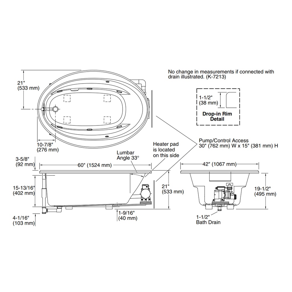 Kohler 1162-W1-96 Sunward 60X42 Oval Flexjet Wp W/Bask