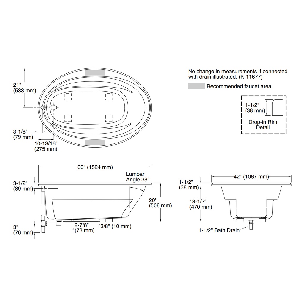 Kohler 1163-S1-0 Sunward 60X42 Oval Bath, Drop-In