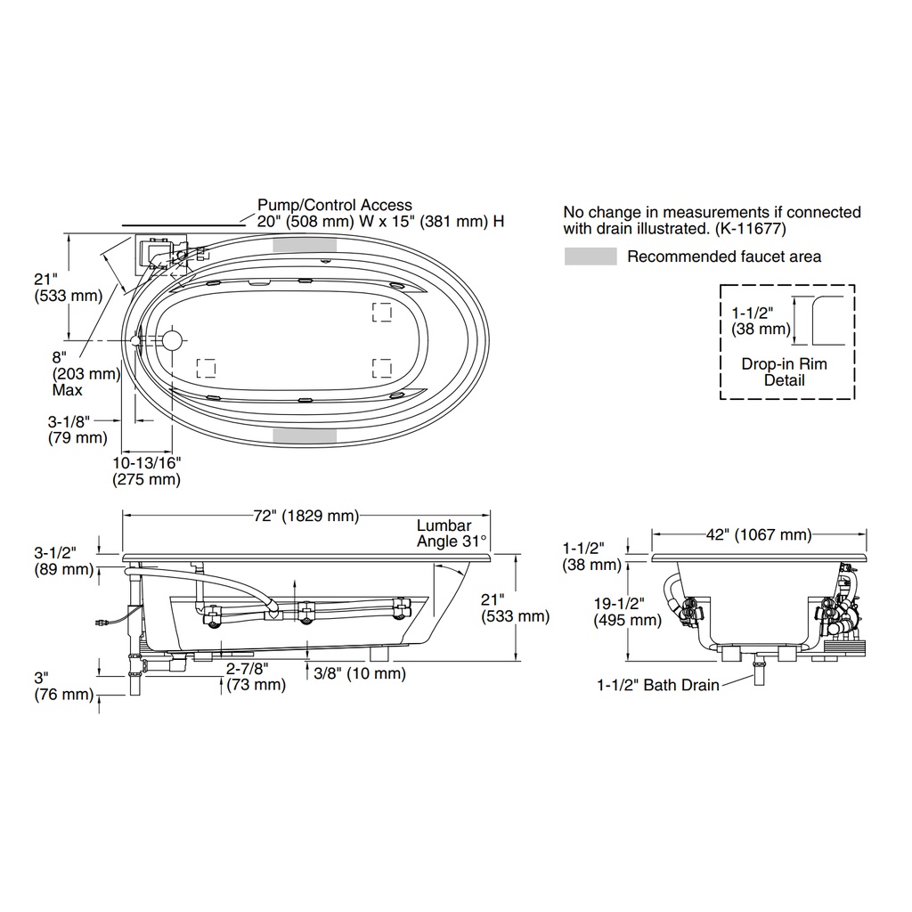 Kohler 1164-CB-0 Sunward 72X42 Oval Flexjet Whirlpool