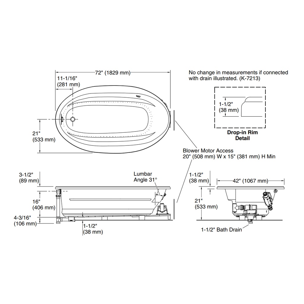 Kohler 1164-GH-96 Sunward Heated Bubblemassage Bath, 6'
