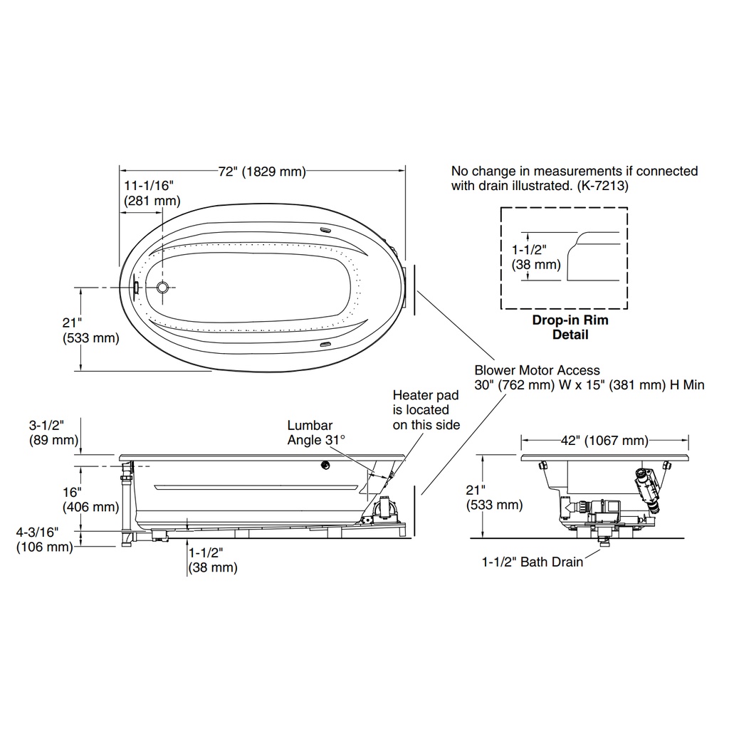 Kohler 1164-GHW-96 Sunward Heated Bbm Bask Bath, 6'