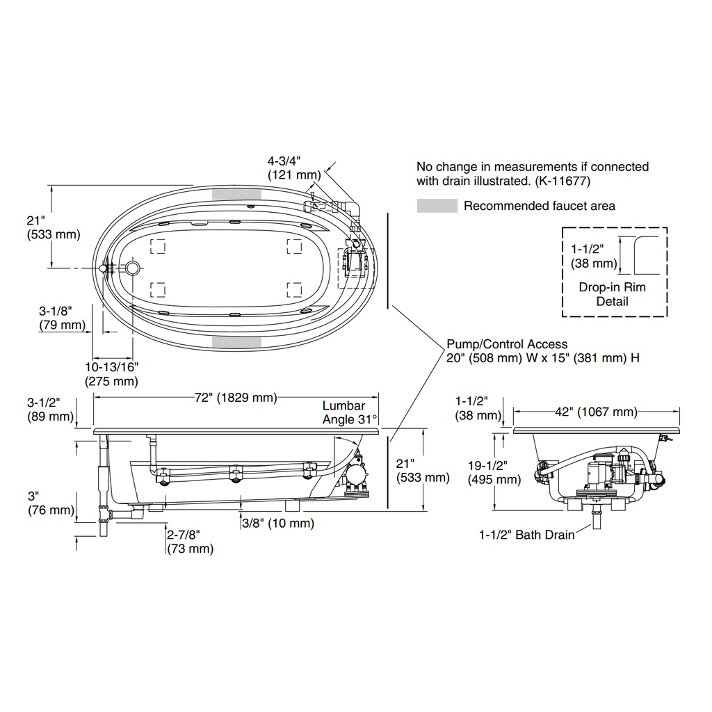 Kohler 1164-H-0 Sunward 72X42 Oval Flexjet Wp W/Heat