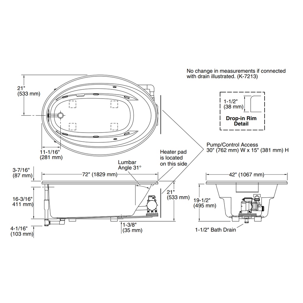 Kohler 1164-W1-96 Sunward 72X42 Oval Flexjet Wp W/Bask