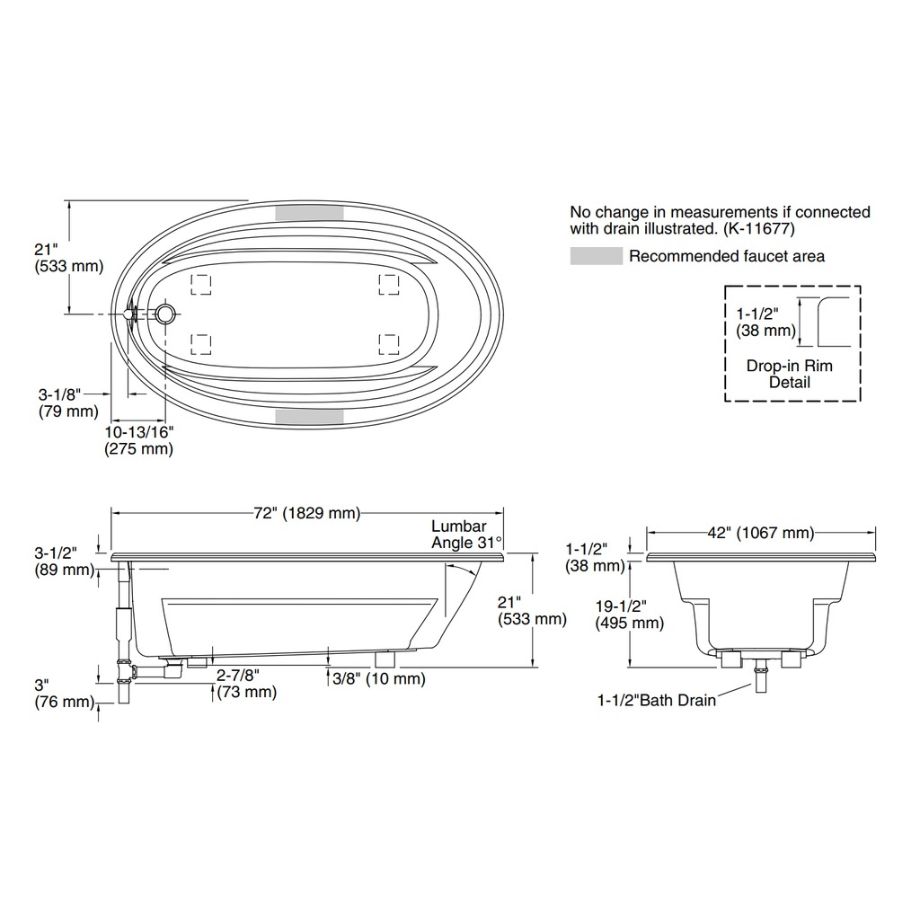 Kohler 1165-0 Sunward 72X42 Oval Bath, Drop-In