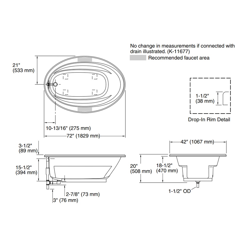 Kohler 1165-S1-0 Sunward 72X42 Oval Bath, Drop-In