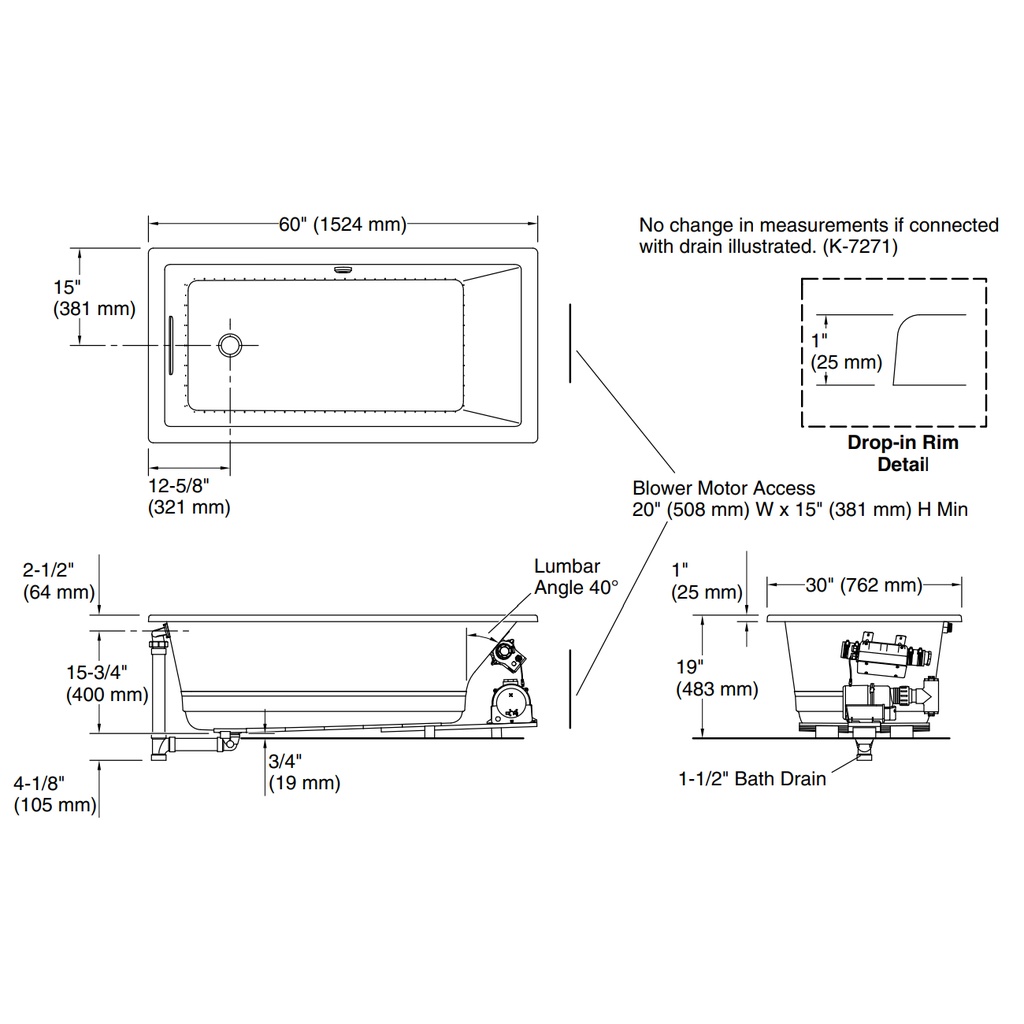 Kohler 1167-GH-0 Underscore Heated Bbm 5' Bath