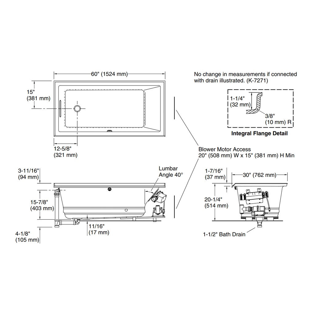 Kohler 1167-GHLF-96 Underscore Heated Bbm Bath Lh Flg