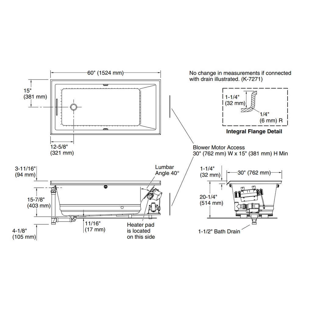 Kohler 1167-GHLW-95 Underscore Heated Bbm Bask 5' Bath
