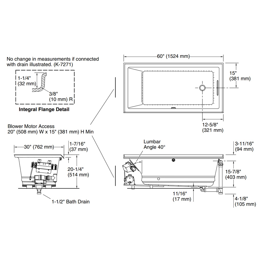 Kohler 1167-GHRF-7 Underscore Heated Bbm Bath Rh Flg