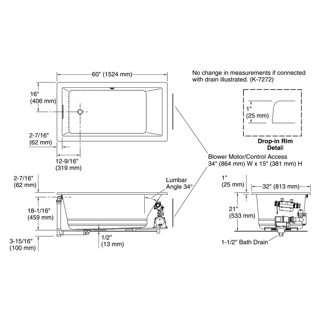 Kohler 1168-GH-95 Underscore Heated Bbm 5' Bath